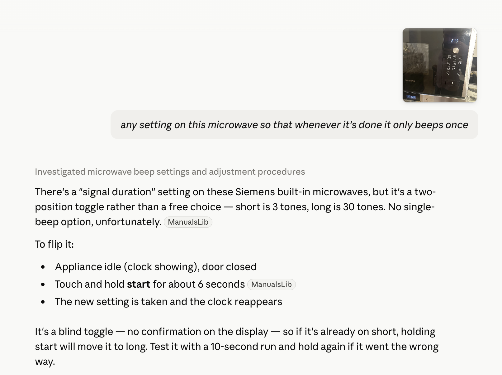 Claude explaining the hidden 'signal duration' toggle on a Siemens built-in microwave: hold start for 6 seconds while the appliance is idle